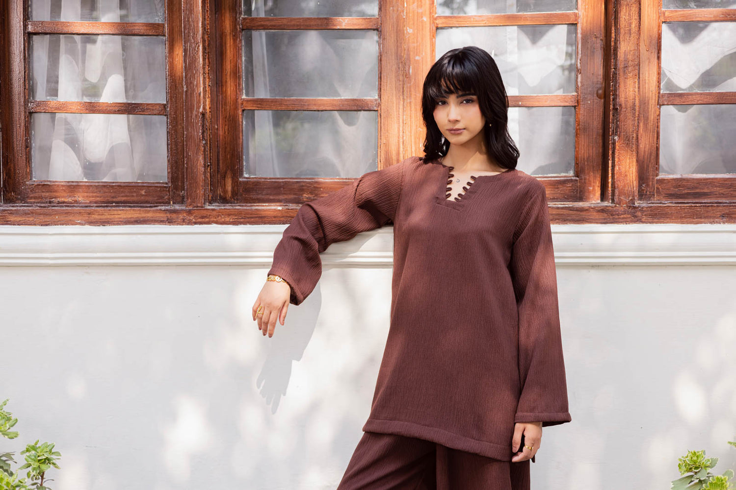 2PC Textured Dress-SB-Dark Brown