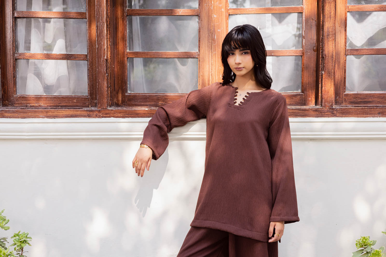 2PC Textured Dress-SB-Dark Brown