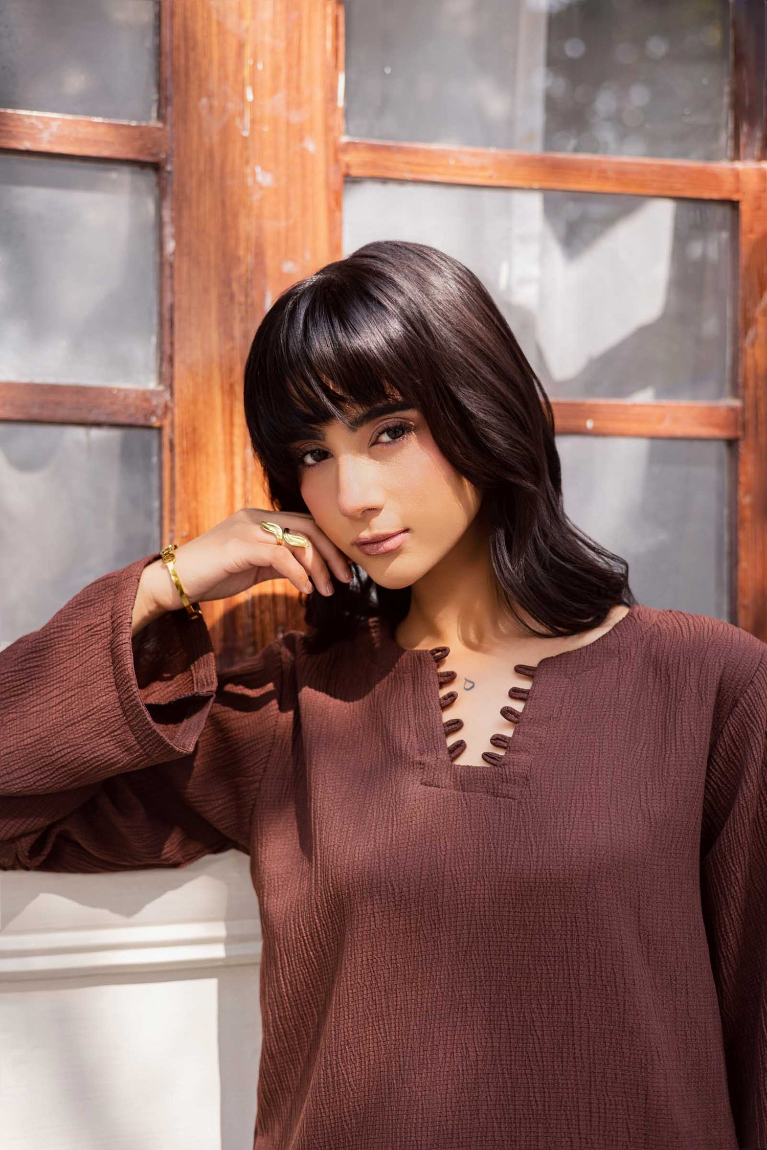 2PC Textured Dress-SB-Dark Brown