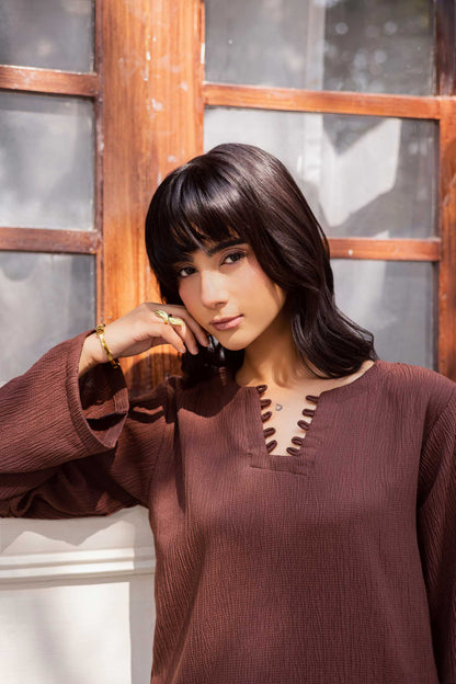 2PC Textured Dress-SB-Dark Brown