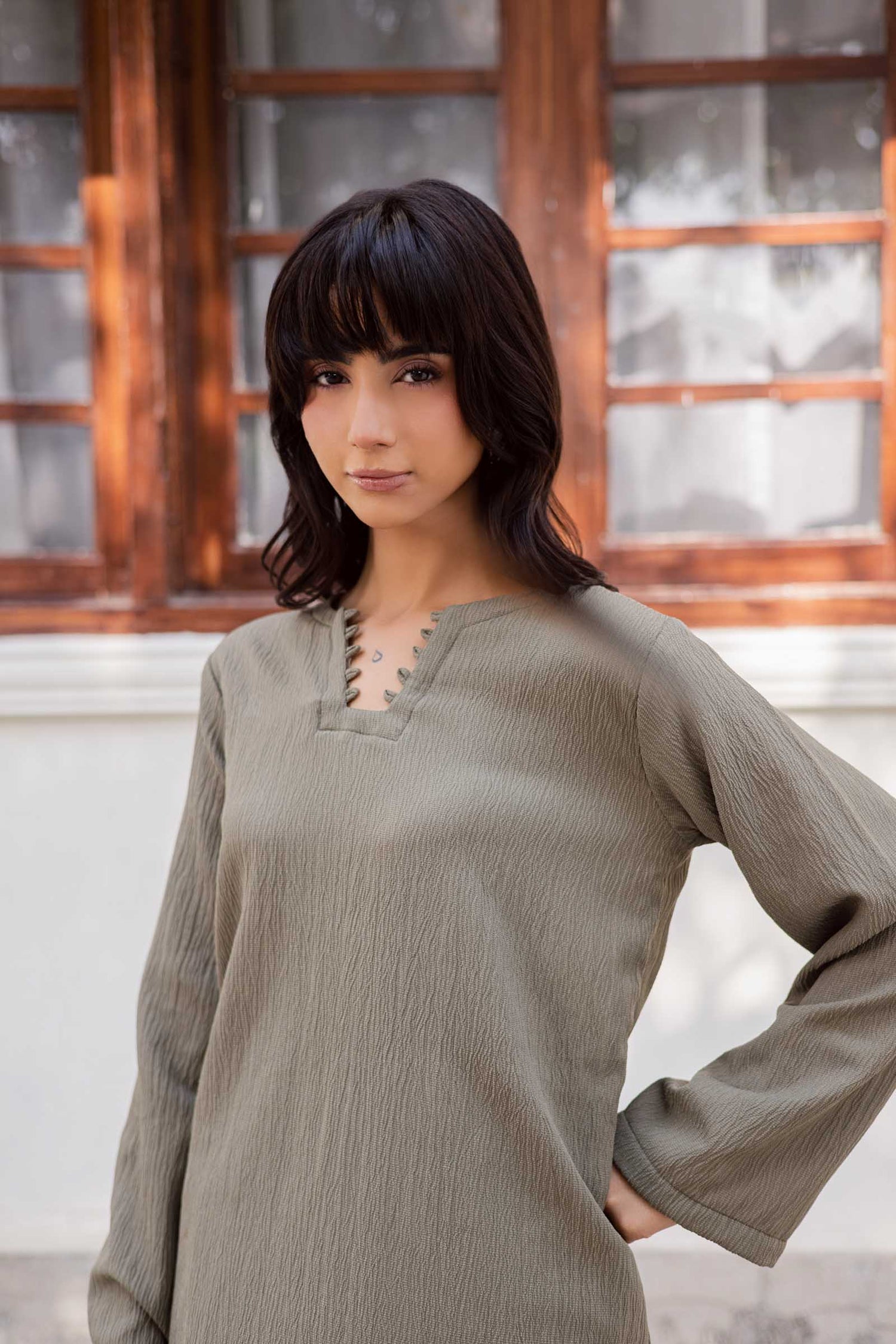 2PC Textured Dress-SB-Sage Green