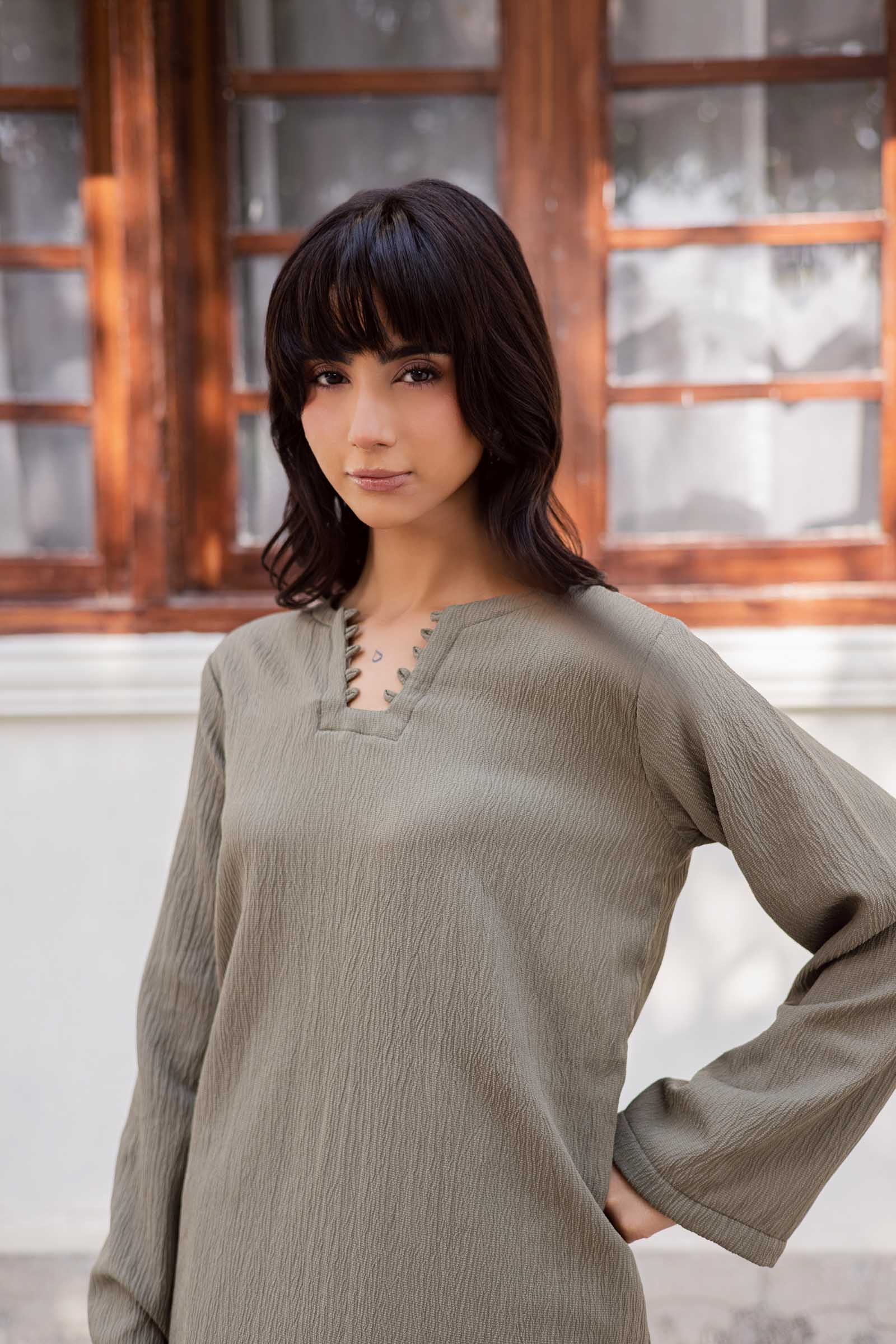 2PC Textured Dress-SB-Sage Green