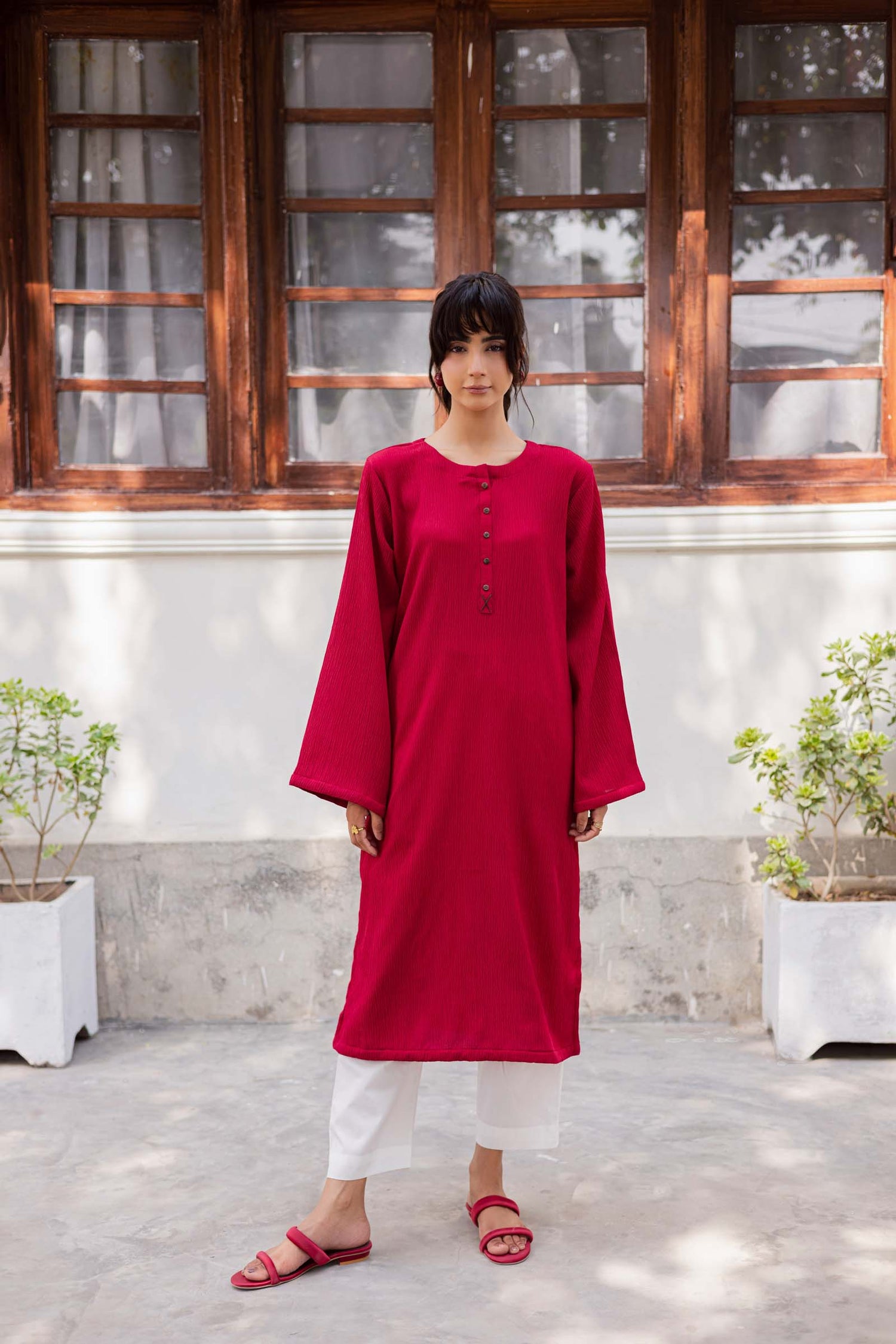 1PC Textured Kurta- Red
