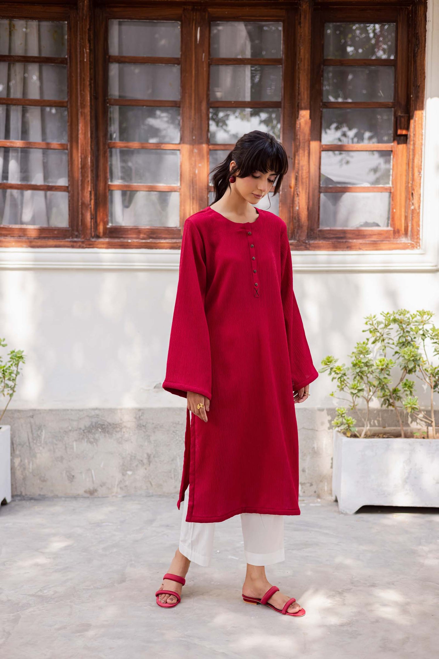 1PC Textured Kurta- Red