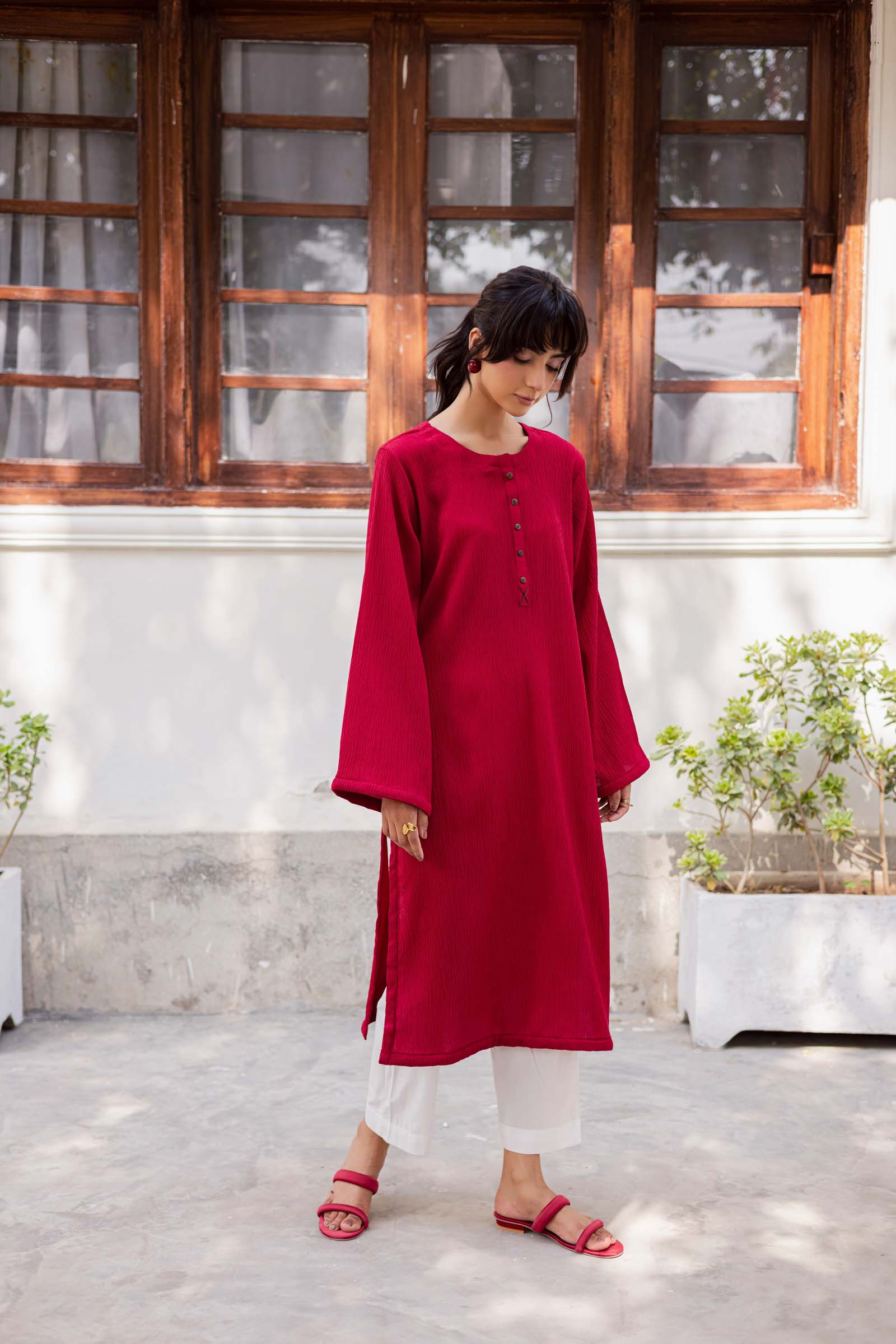 1PC Textured Kurta- Red
