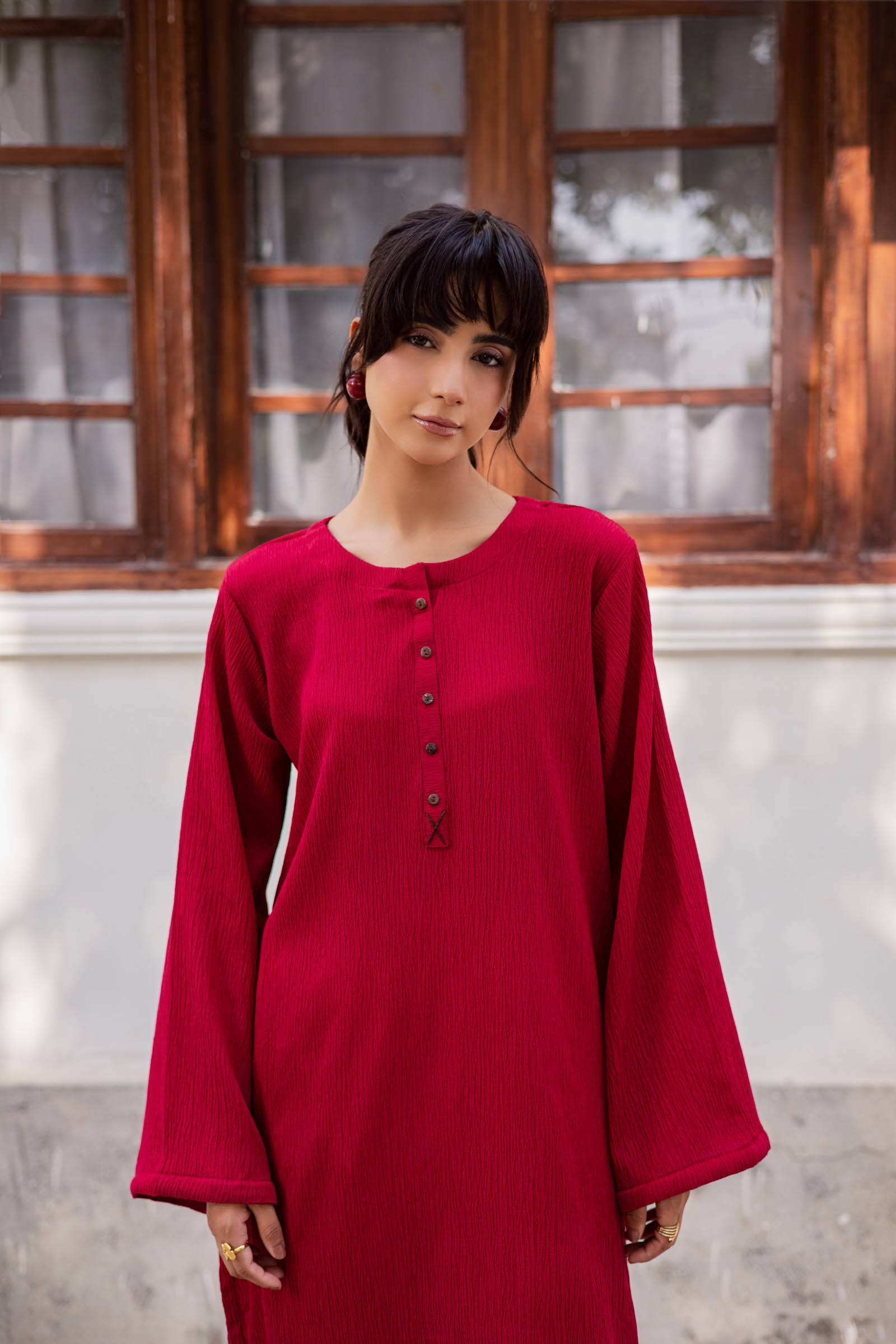 1PC Textured Kurta- Red