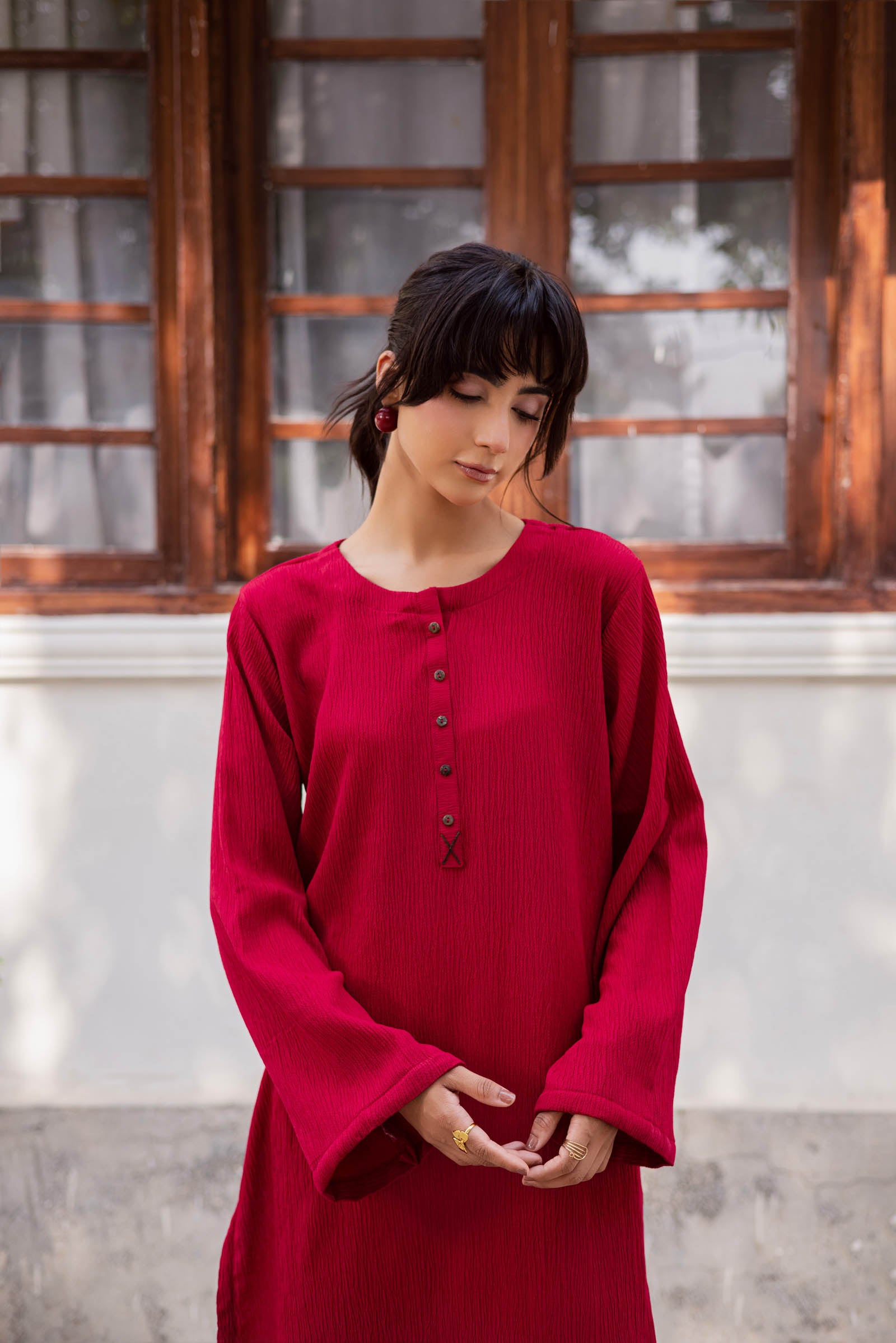 1PC Textured Kurta- Red