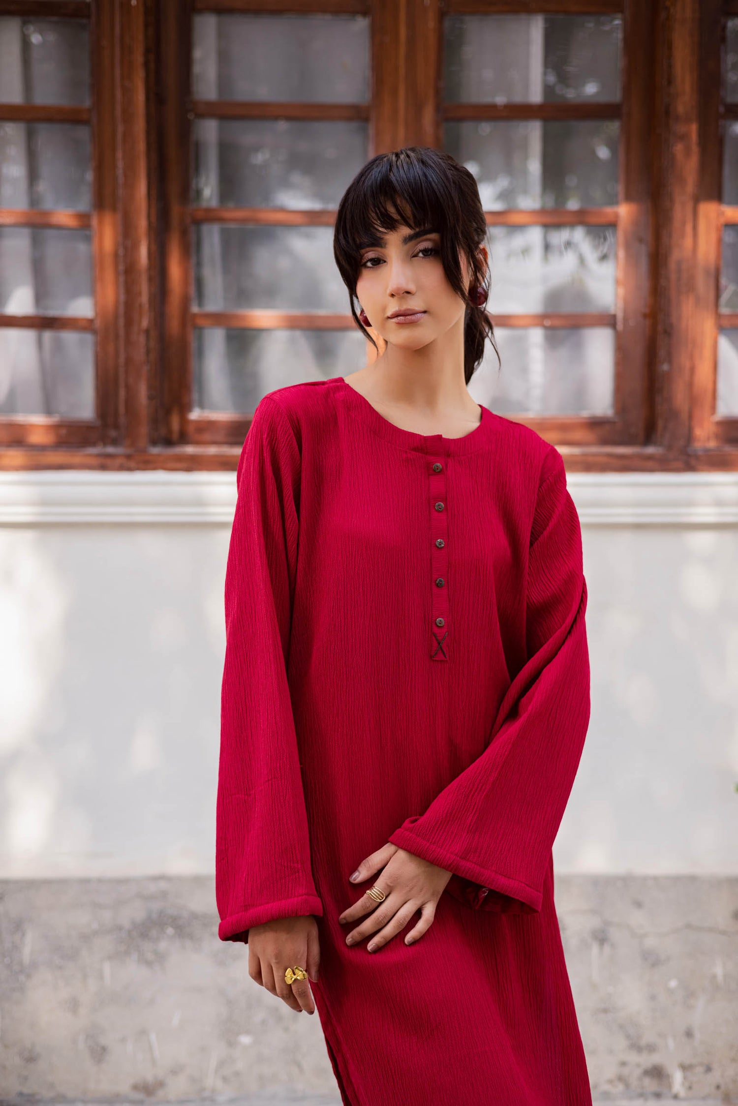 1PC Textured Kurta- Red