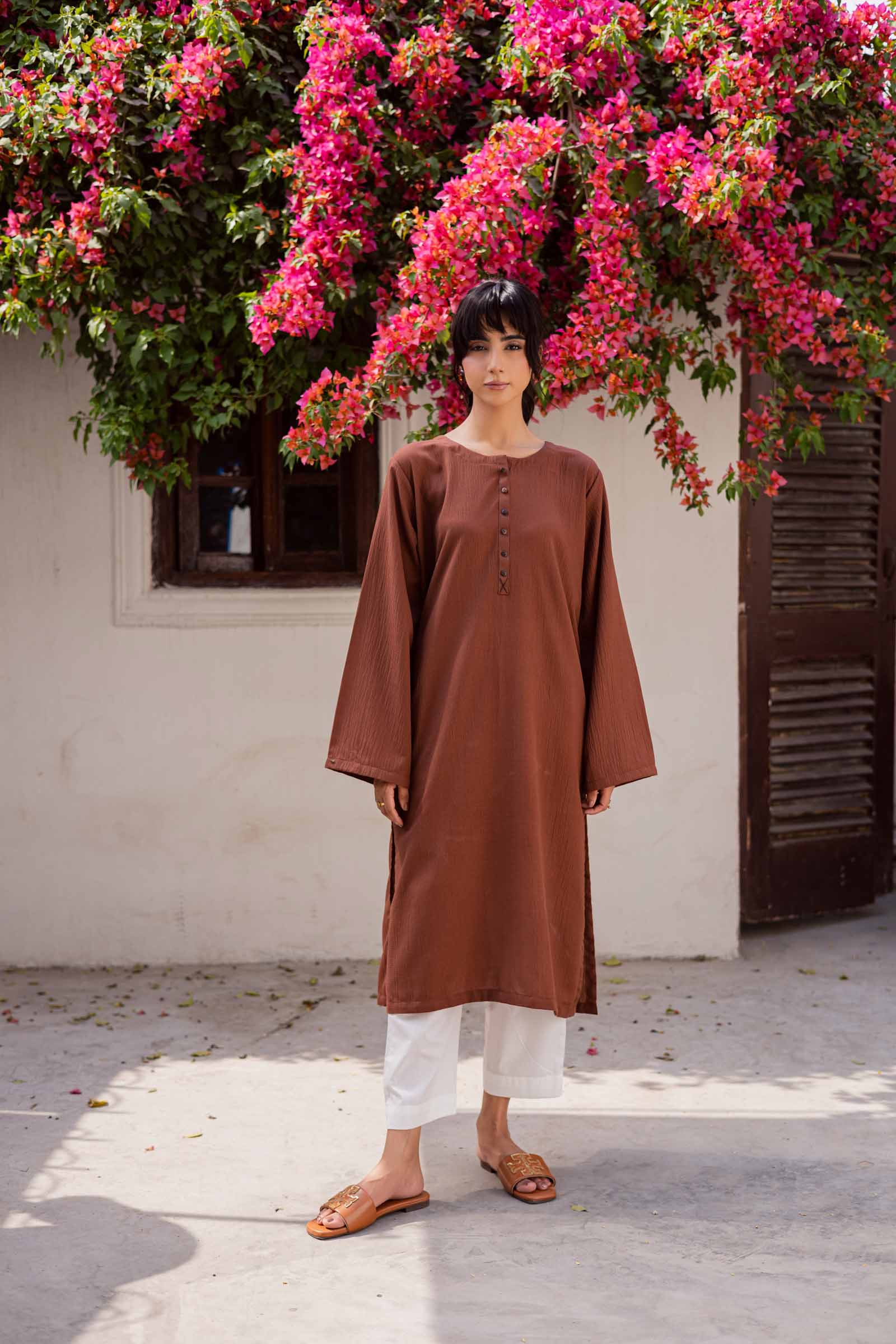1PC Textured Kurta-Chocolate Brown