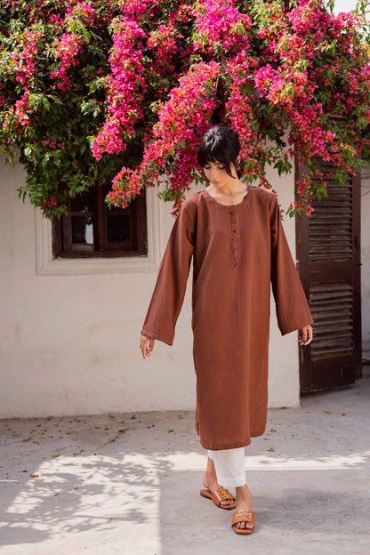 1PC Textured Kurta-Chocolate Brown