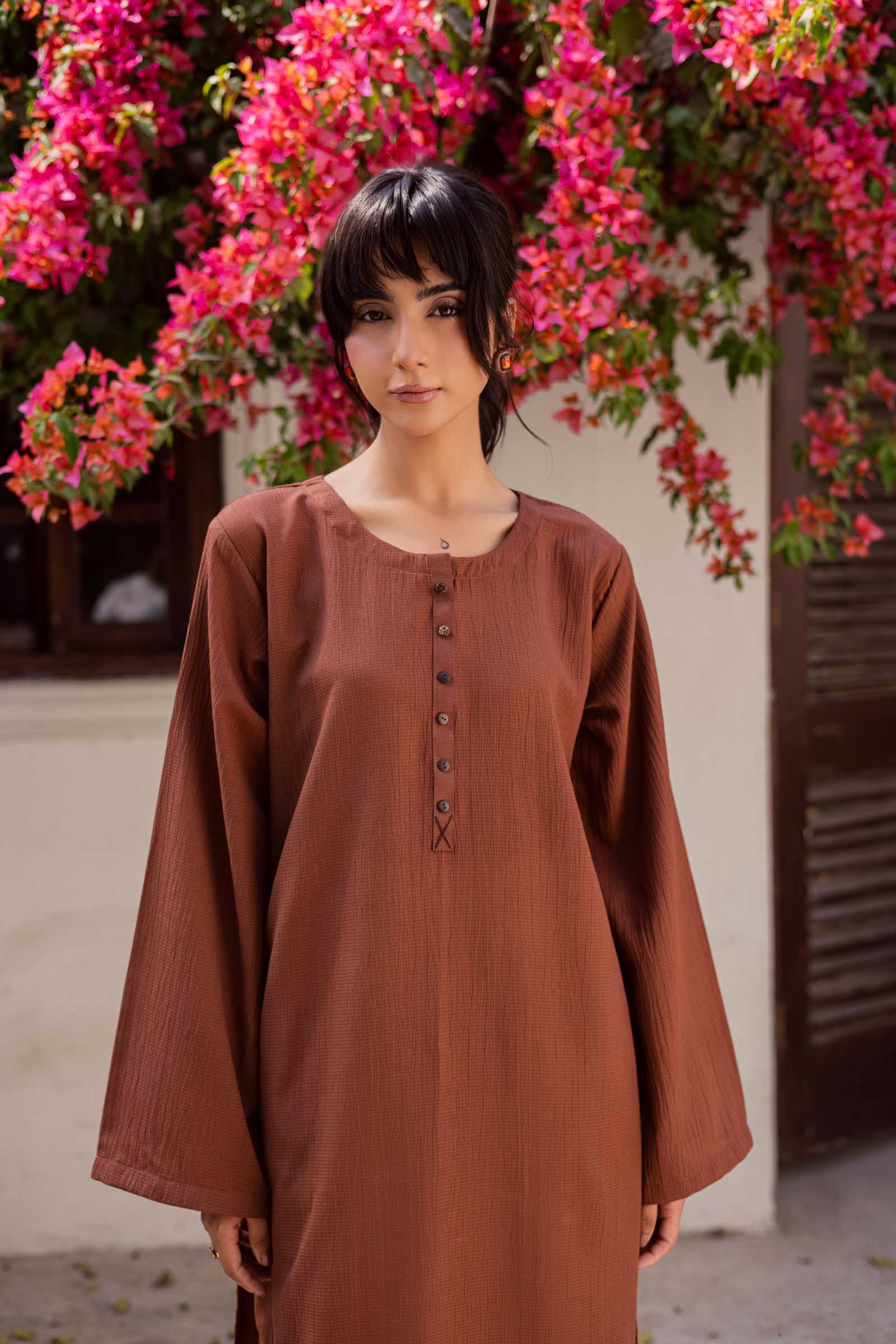 1PC Textured Kurta-Chocolate Brown