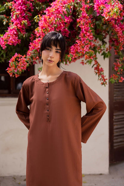 1PC Textured Kurta-Chocolate Brown