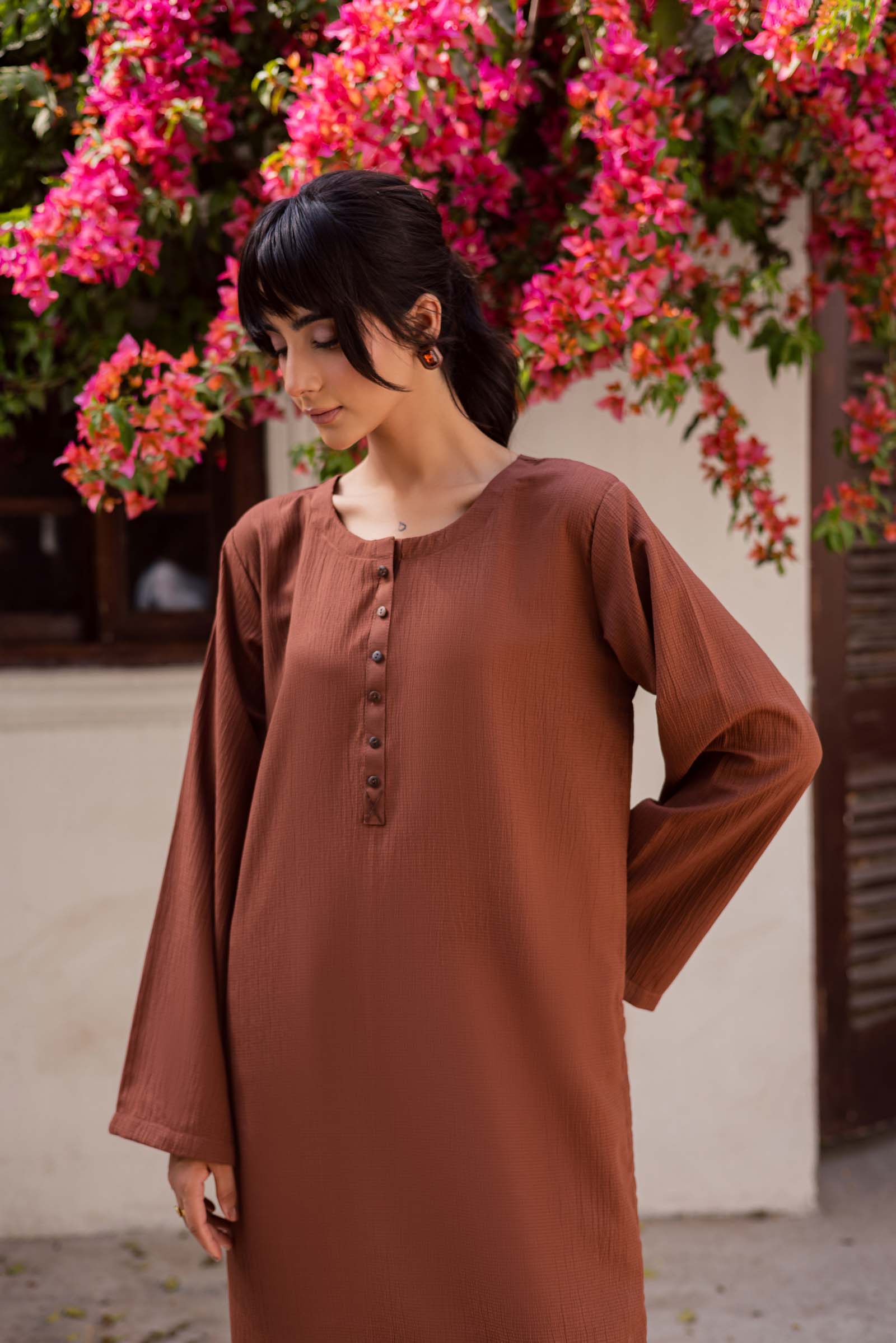 1PC Textured Kurta-Chocolate Brown