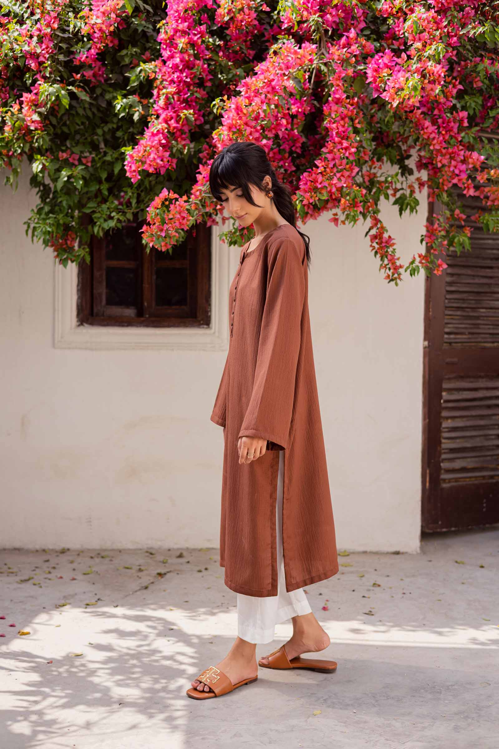 1PC Textured Kurta-Chocolate Brown