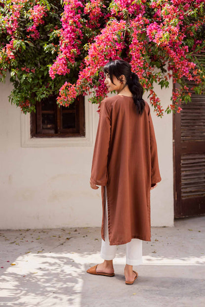 1PC Textured Kurta-Chocolate Brown