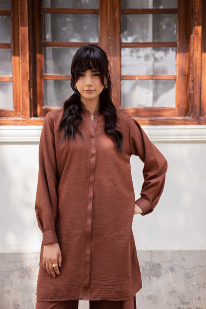 2PC Textured Dress-SP-Chocolate Brown