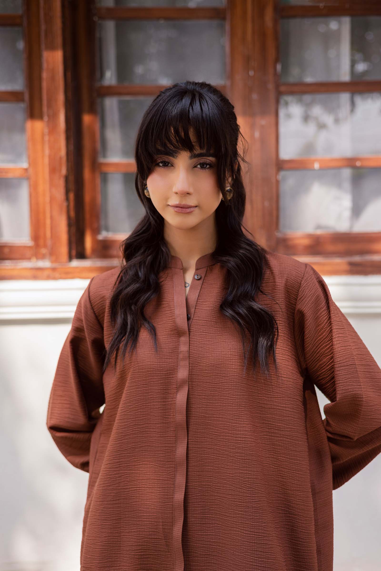 2PC Textured Dress-SP-Chocolate Brown