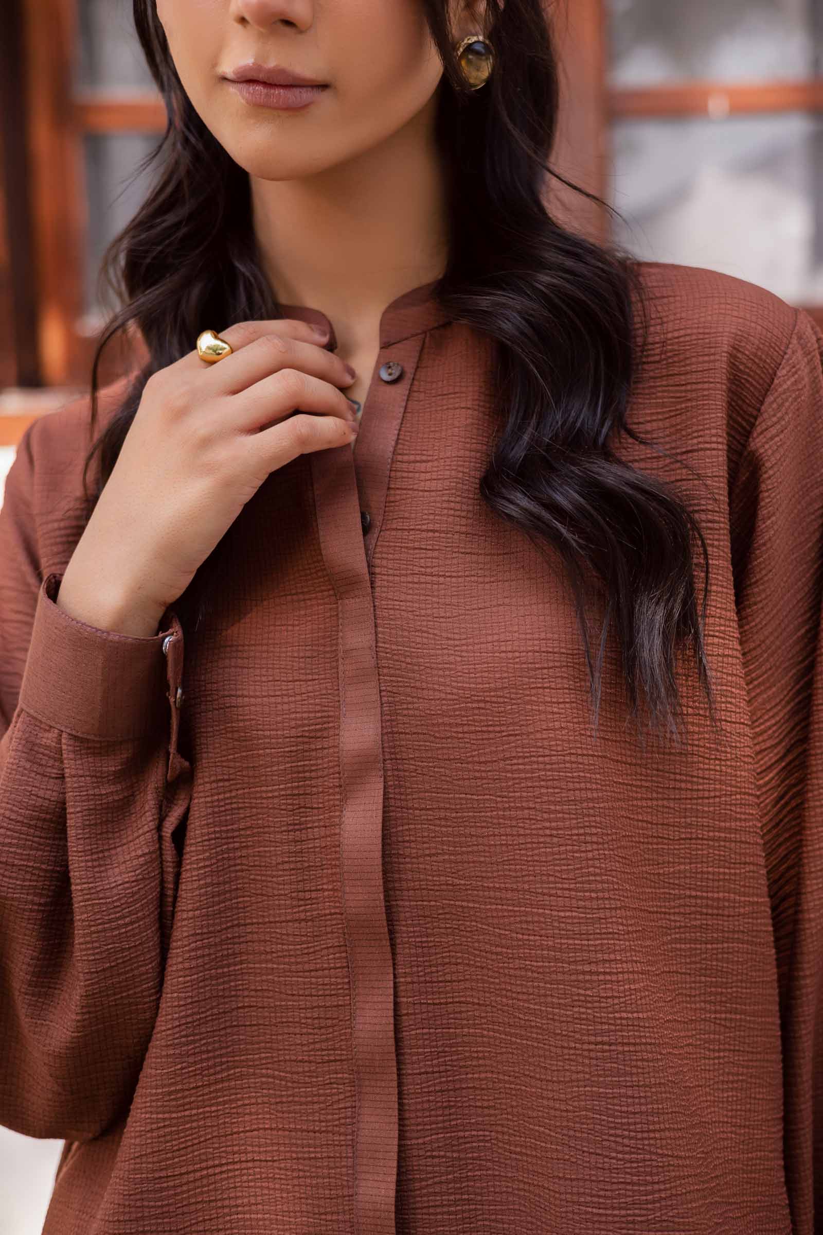 2PC Textured Dress-SP-Chocolate Brown