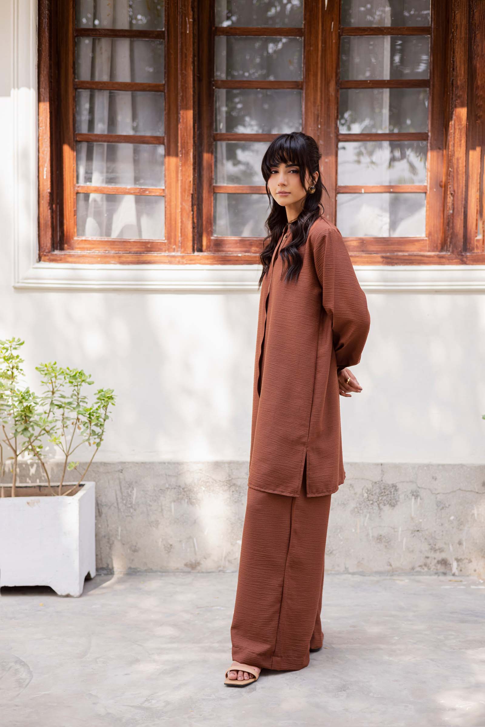 2PC Textured Dress-SP-Chocolate Brown