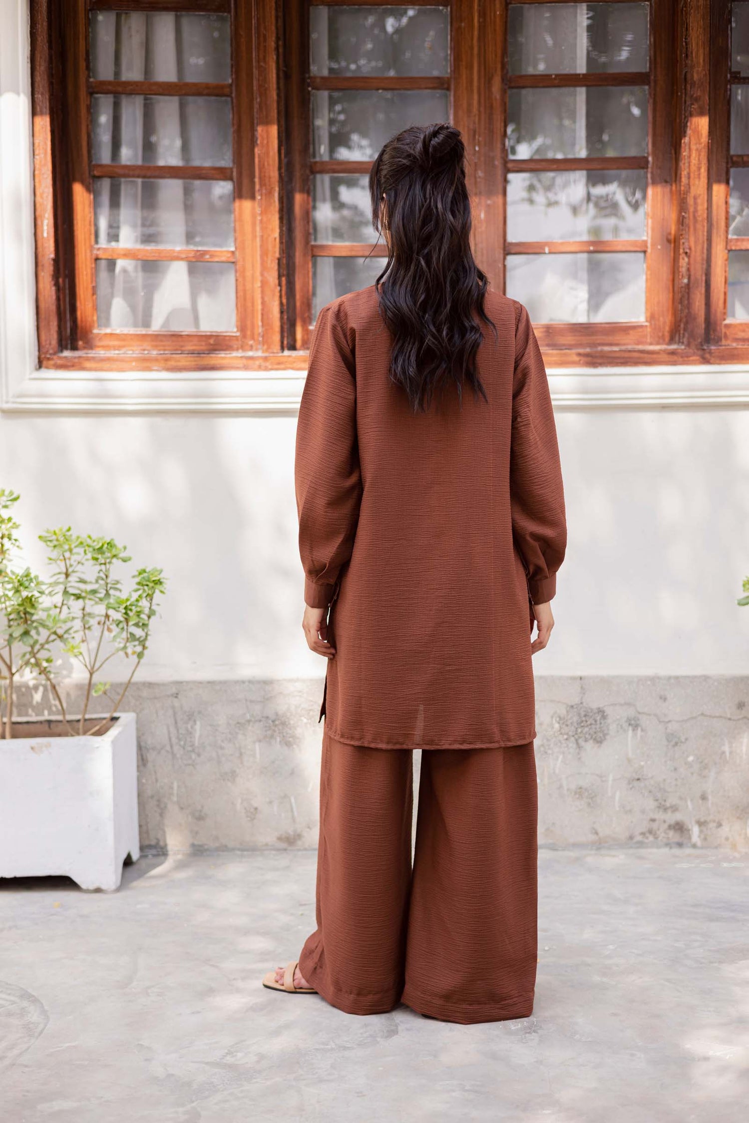 2PC Textured Dress-SP-Chocolate Brown