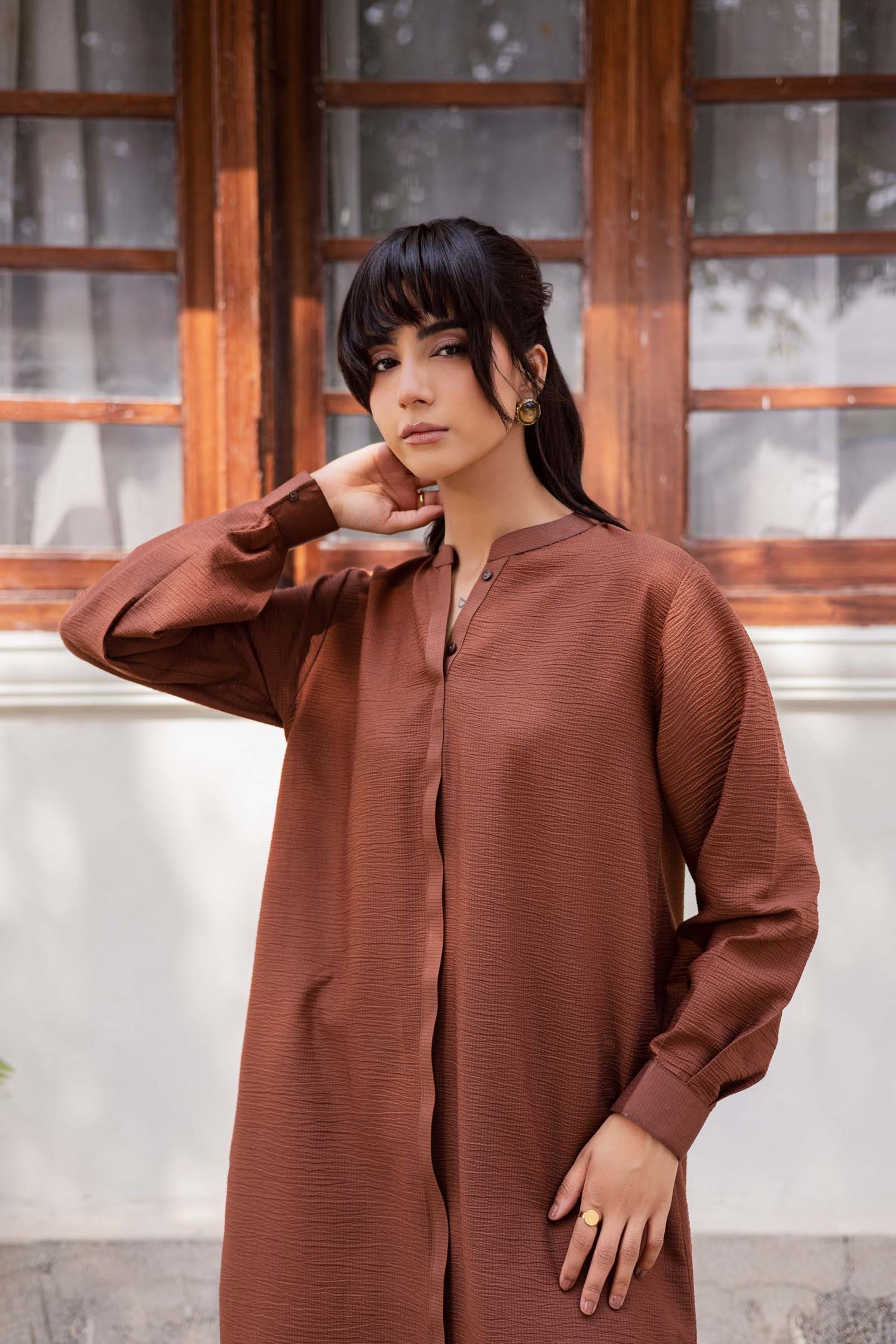 2PC Textured Dress-SP-Chocolate Brown