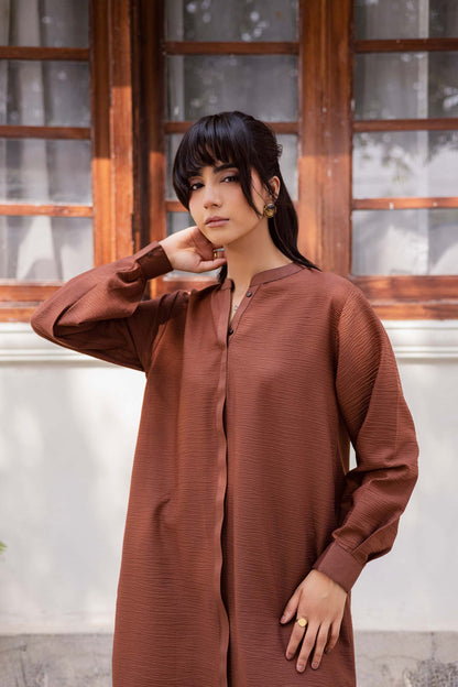 2PC Textured Dress-SP-Chocolate Brown