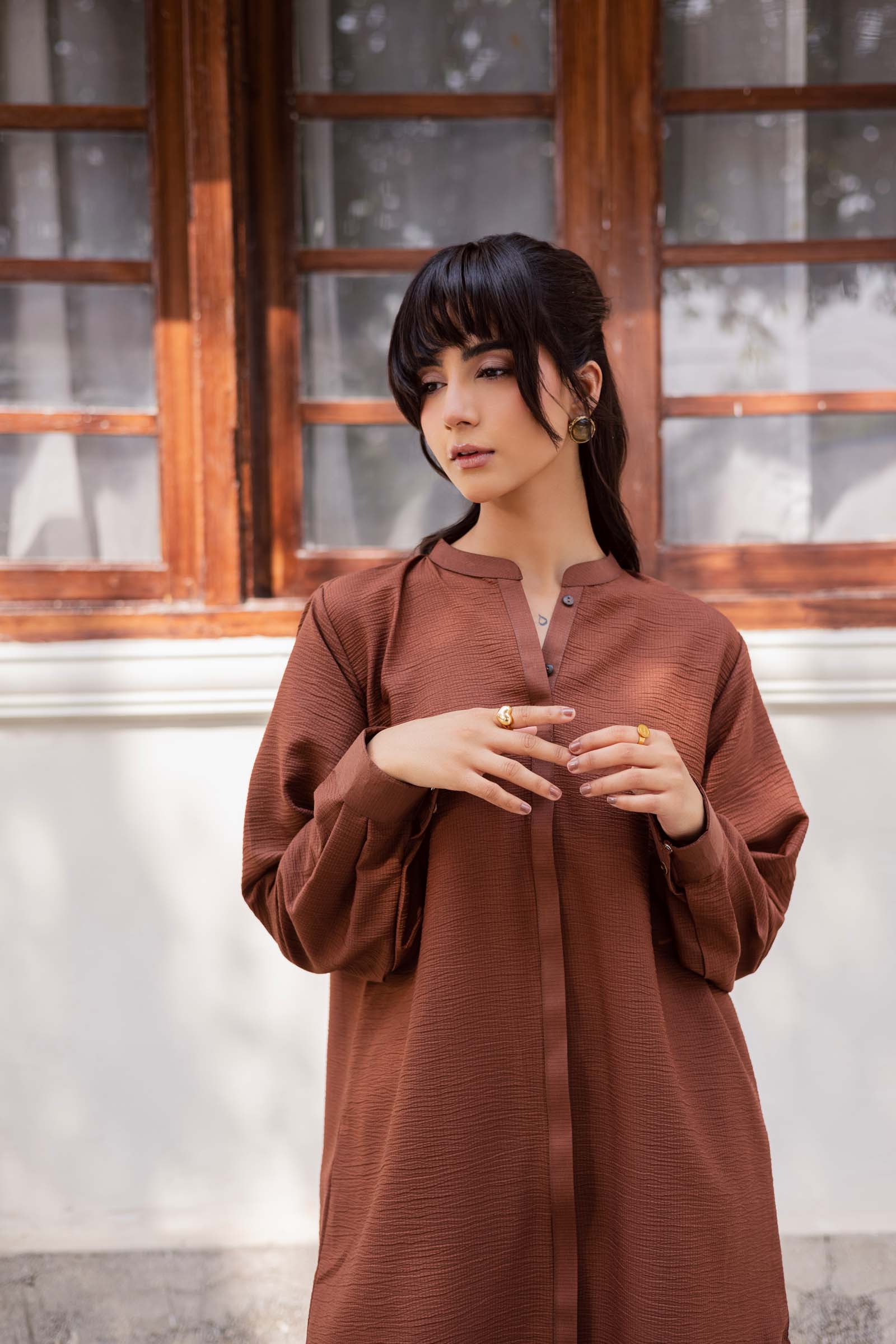 2PC Textured Dress-SP-Chocolate Brown