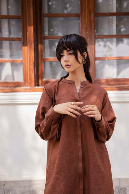 2PC Textured Dress-SP-Chocolate Brown