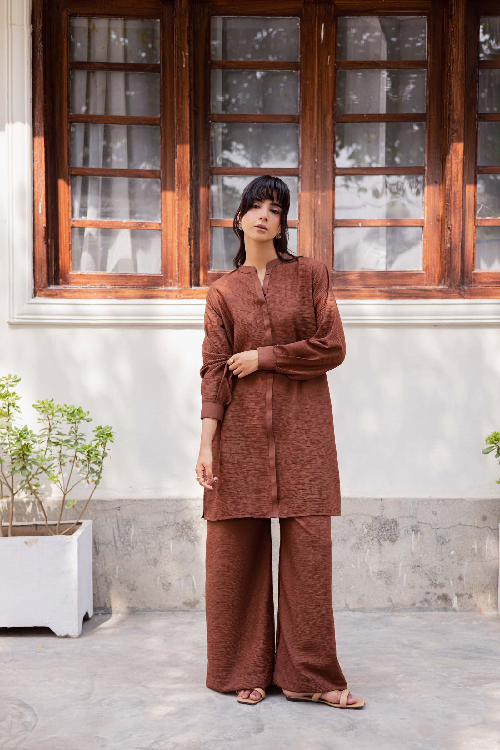 2PC Textured Dress-SP-Chocolate Brown