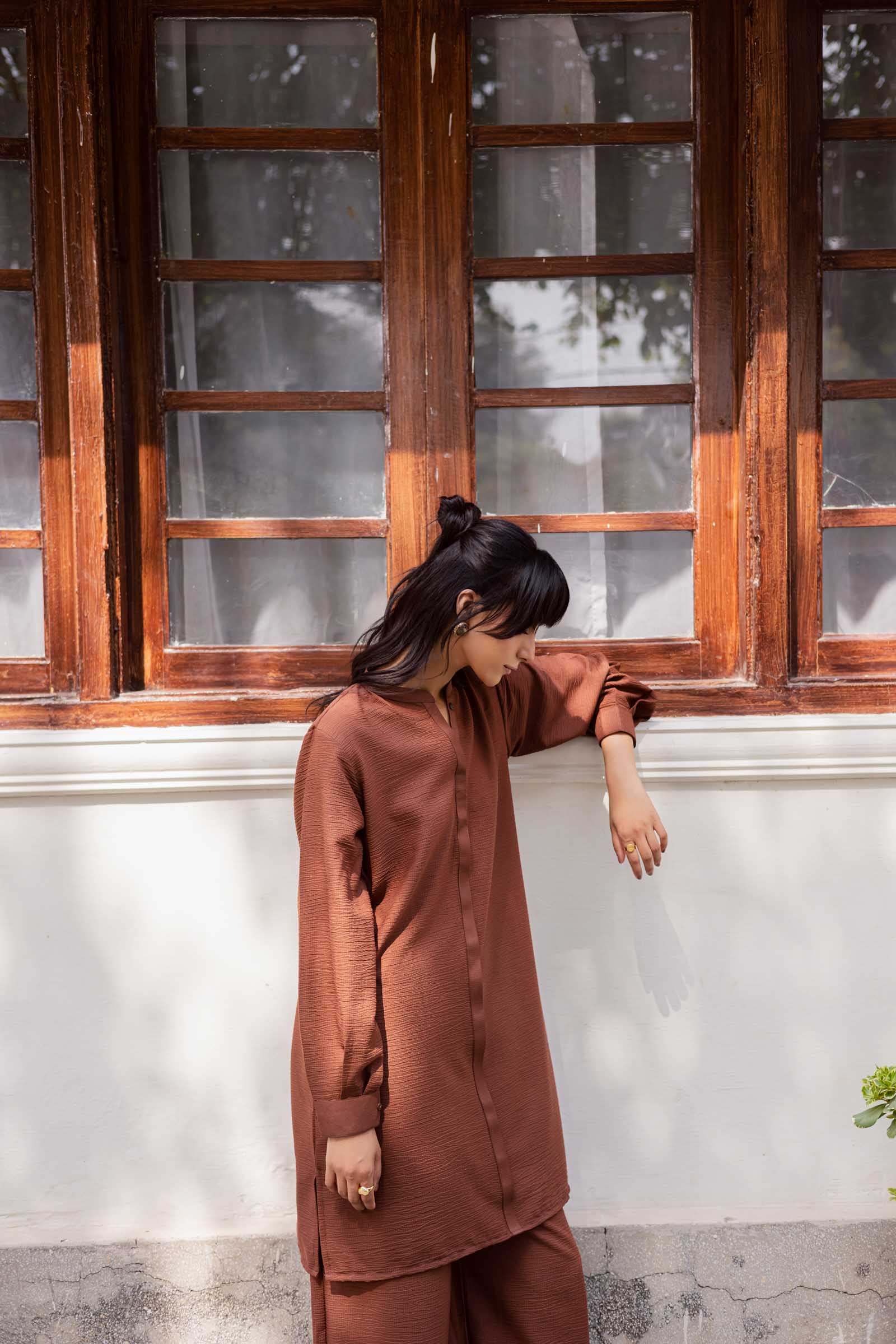 2PC Textured Dress-SP-Chocolate Brown