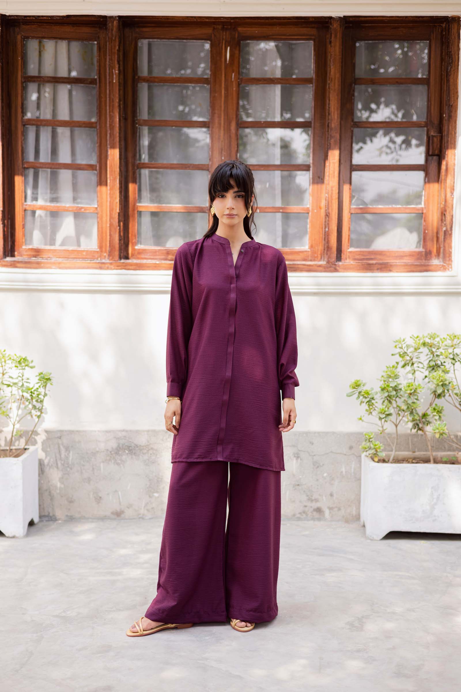 2PC Textured Dress-SP-Dark Plum