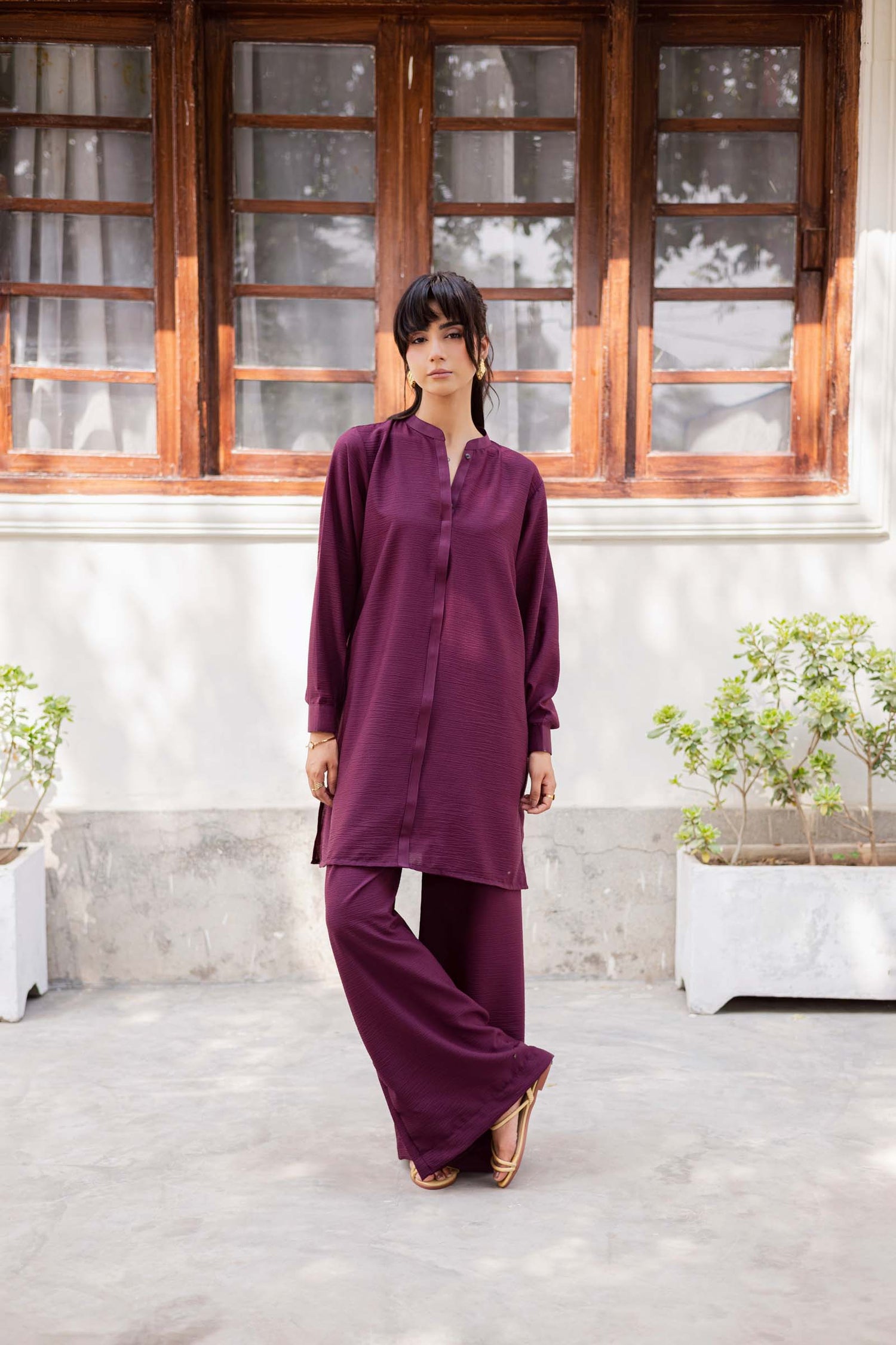 2PC Textured Dress-SP-Dark Plum