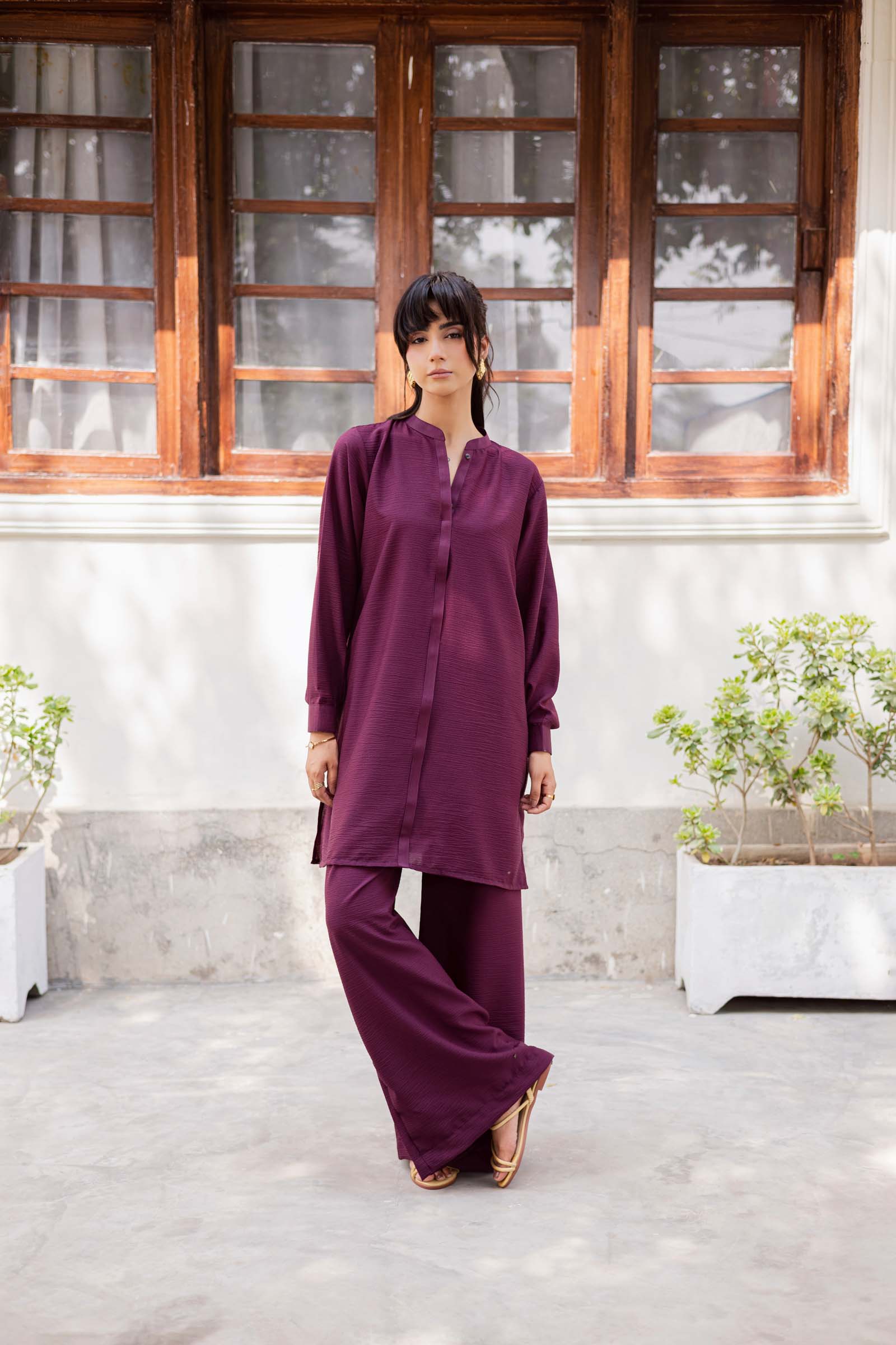 2PC Textured Dress-SP-Dark Plum