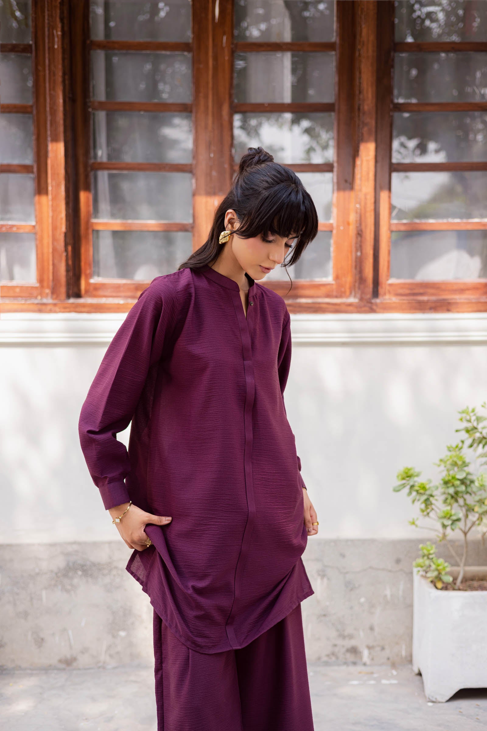 2PC Textured Dress-SP-Dark Plum