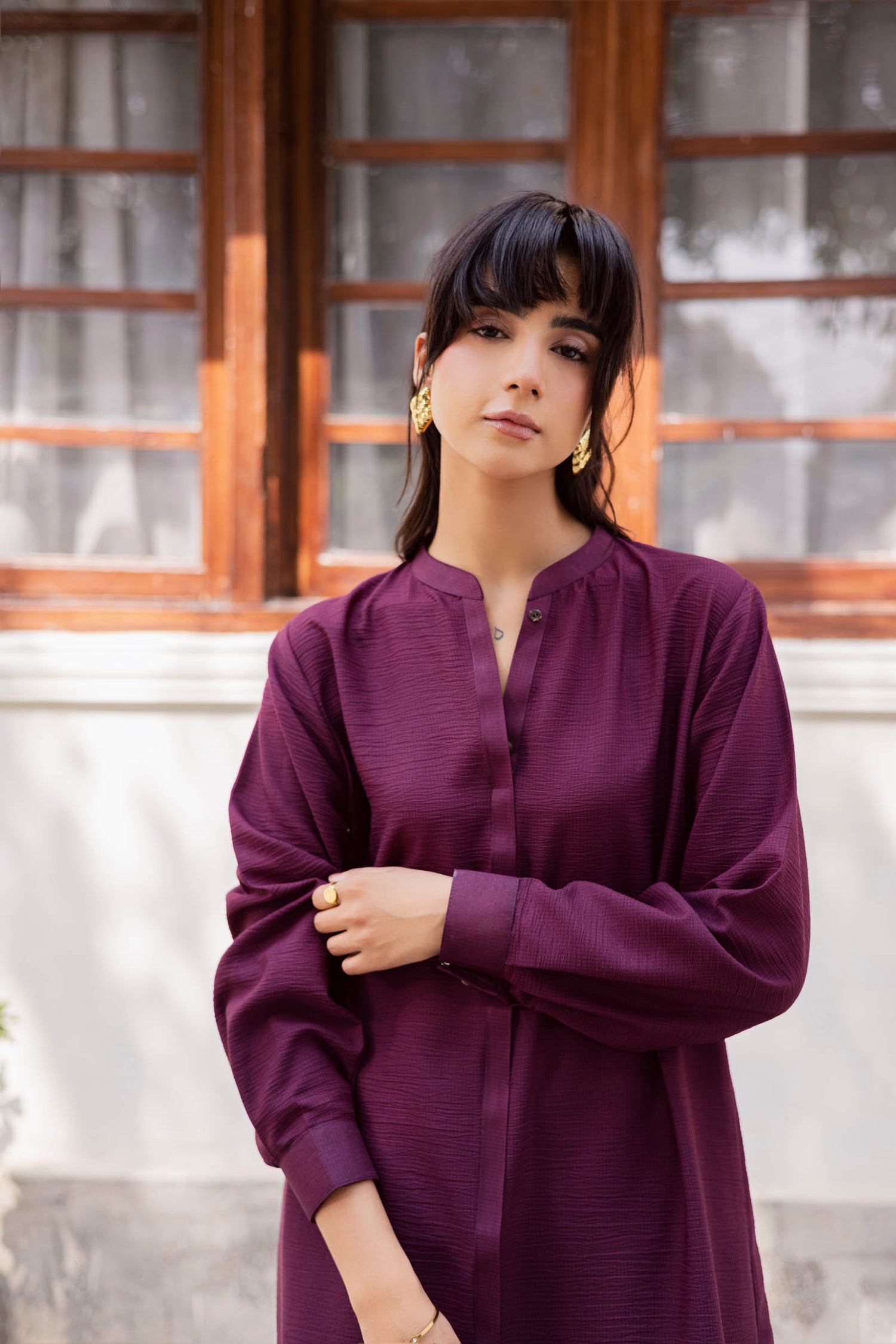 2PC Textured Dress-SP-Dark Plum