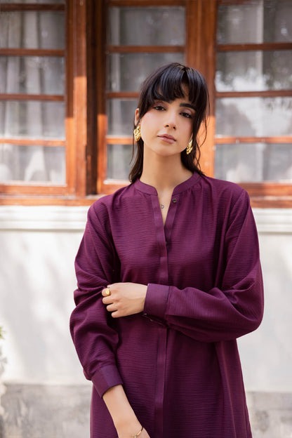 2PC Textured Dress-SP-Dark Plum