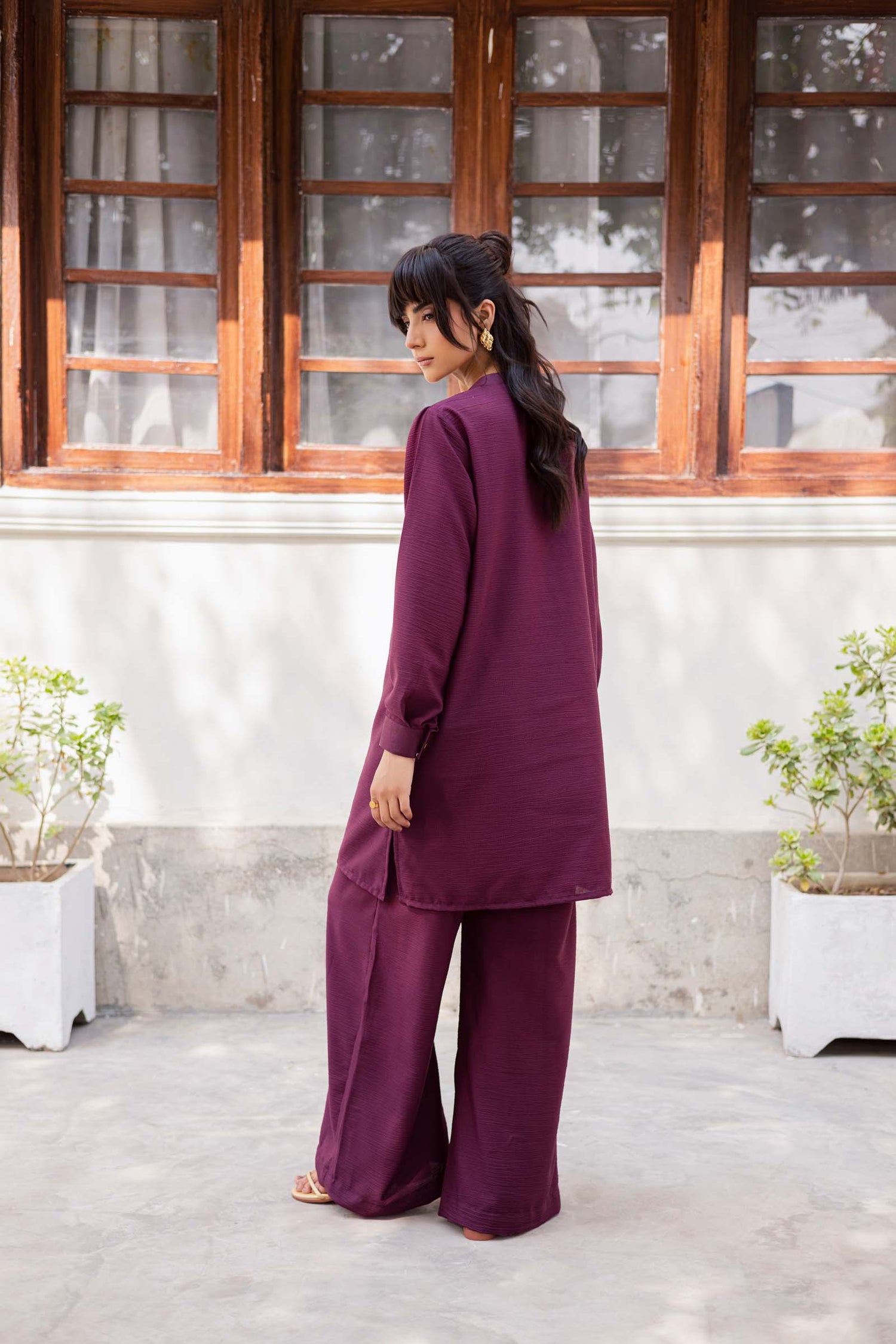 2PC Textured Dress-SP-Dark Plum