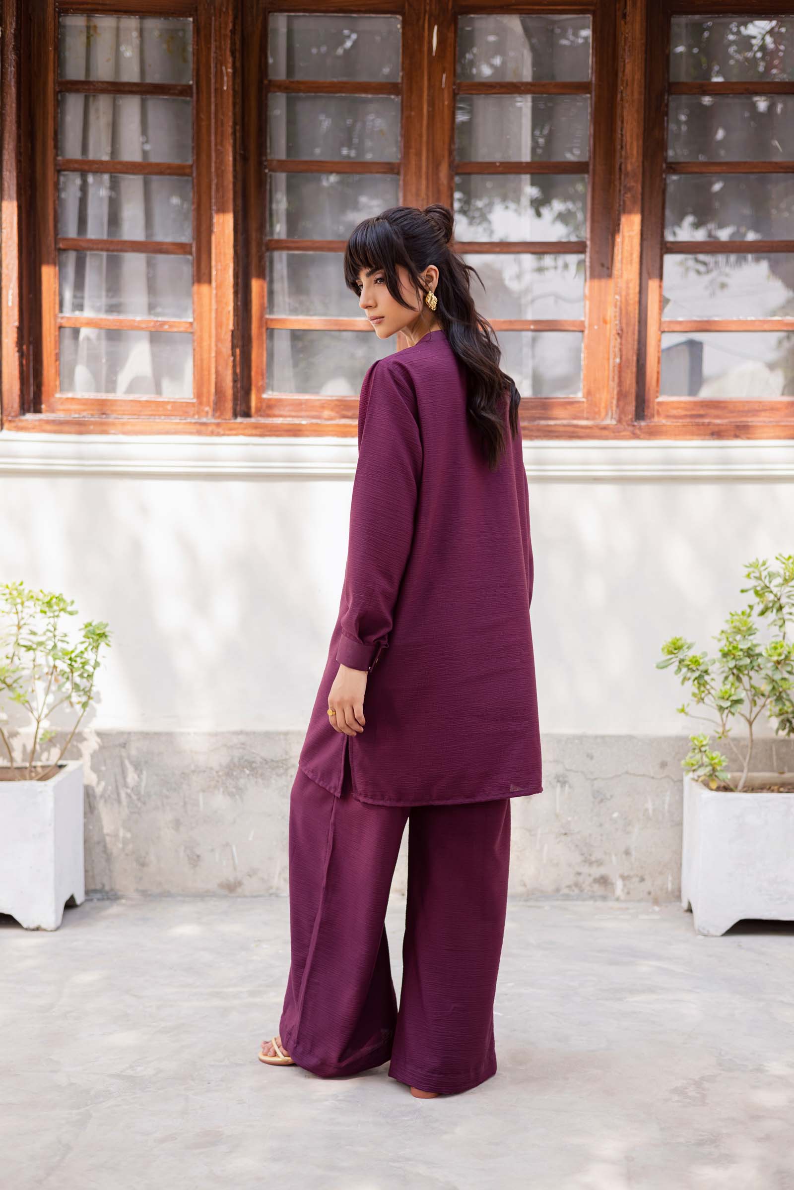 2PC Textured Dress-SP-Dark Plum