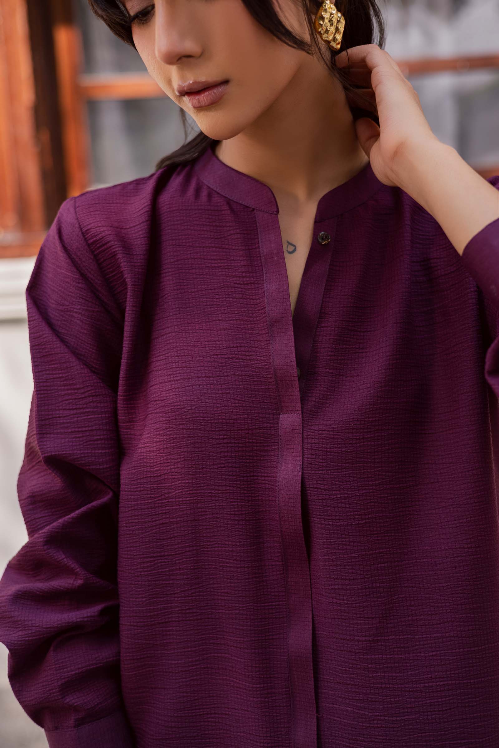 2PC Textured Dress-SP-Dark Plum