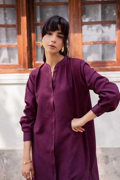 2PC Textured Dress-SP-Dark Plum