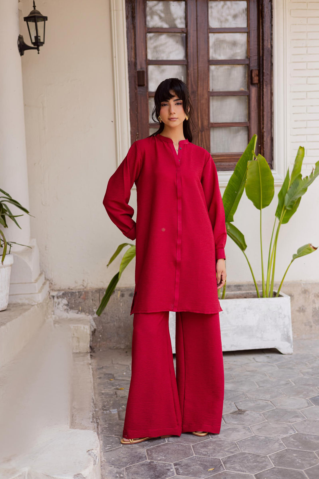 2PC Textured Dress-SP- Red