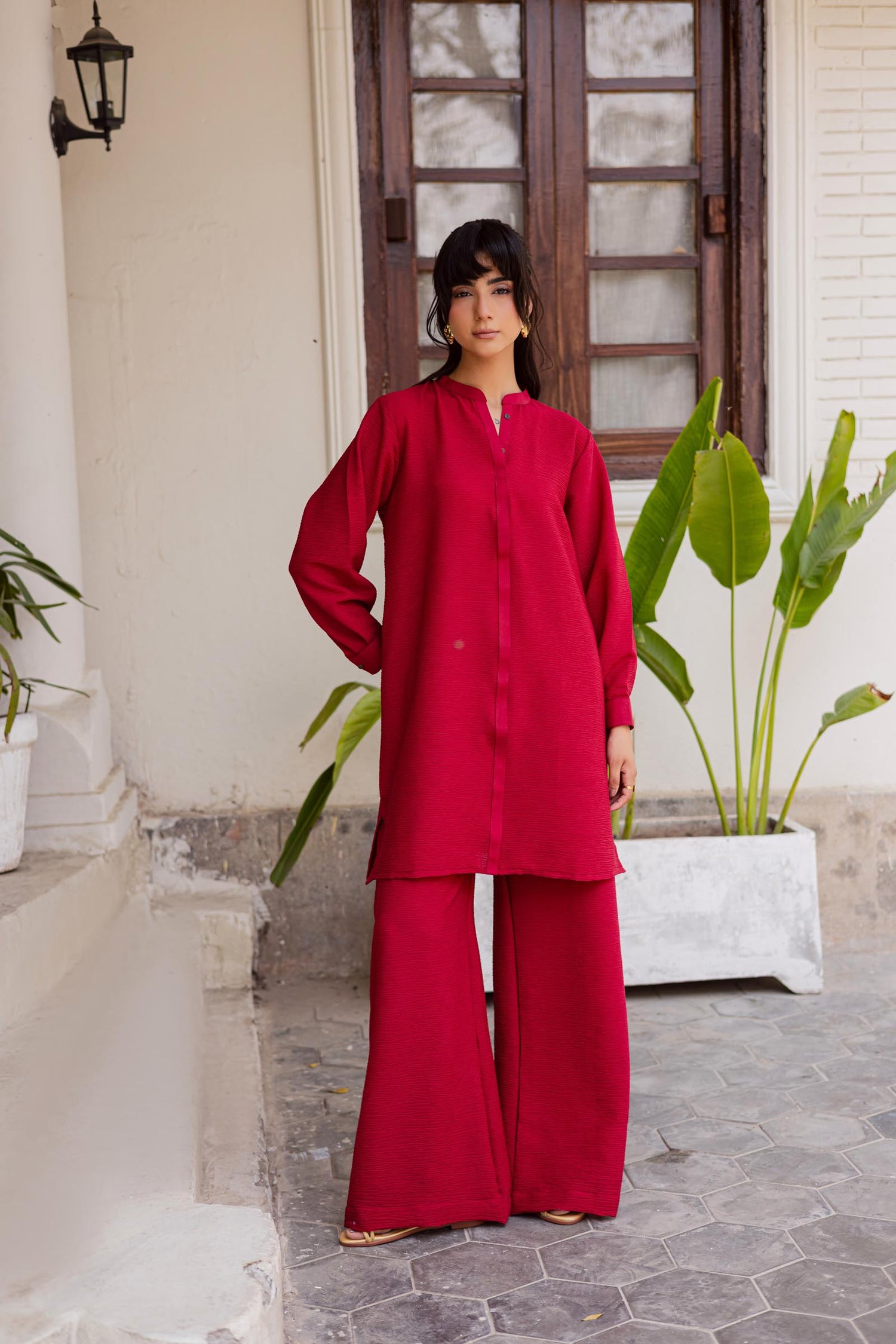 2PC Textured Dress-SP- Red