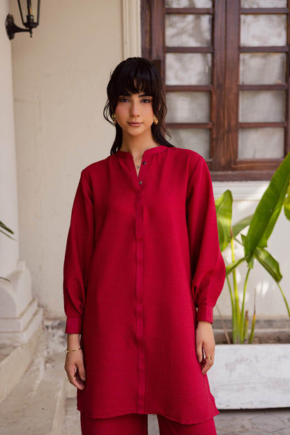 2PC Textured Dress-SP- Red