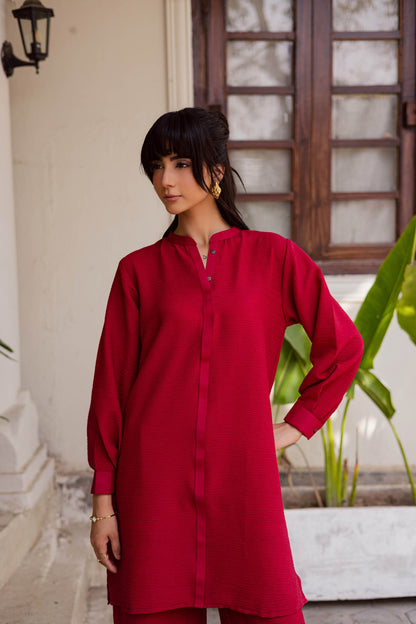 2PC Textured Dress-SP- Red