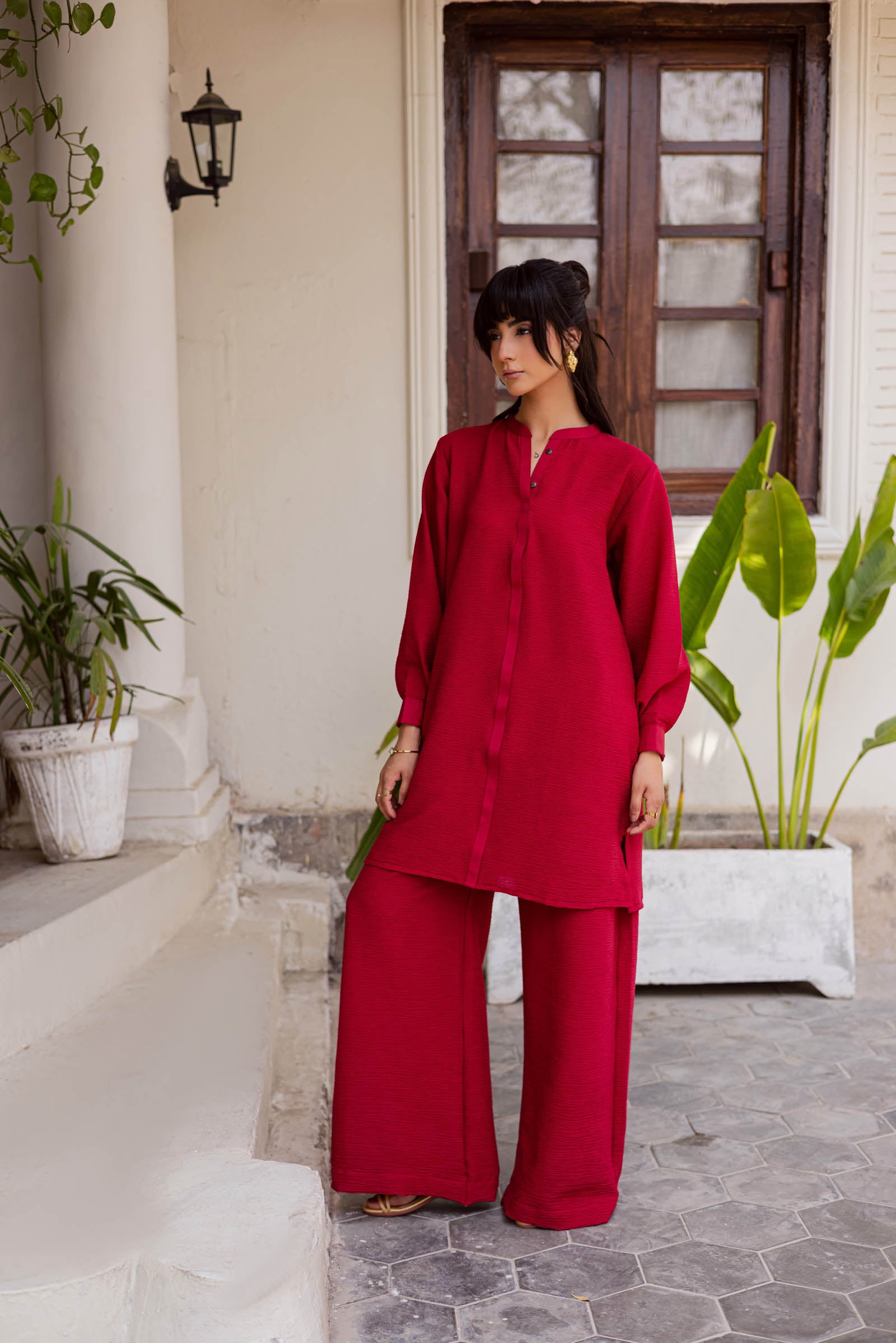 2PC Textured Dress-SP- Red