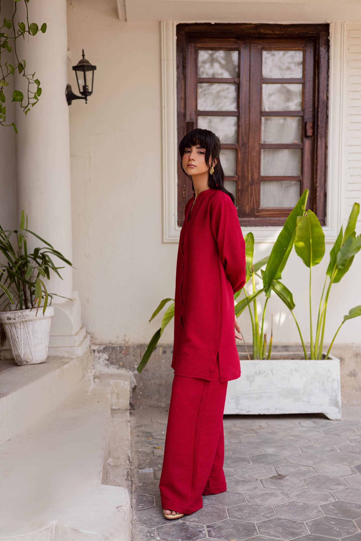 2PC Textured Dress-SP- Red