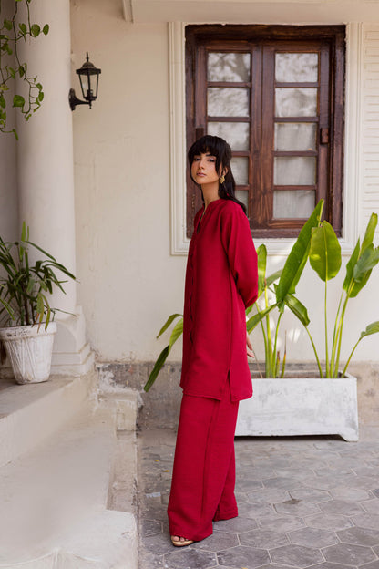 2PC Textured Dress-SP- Red