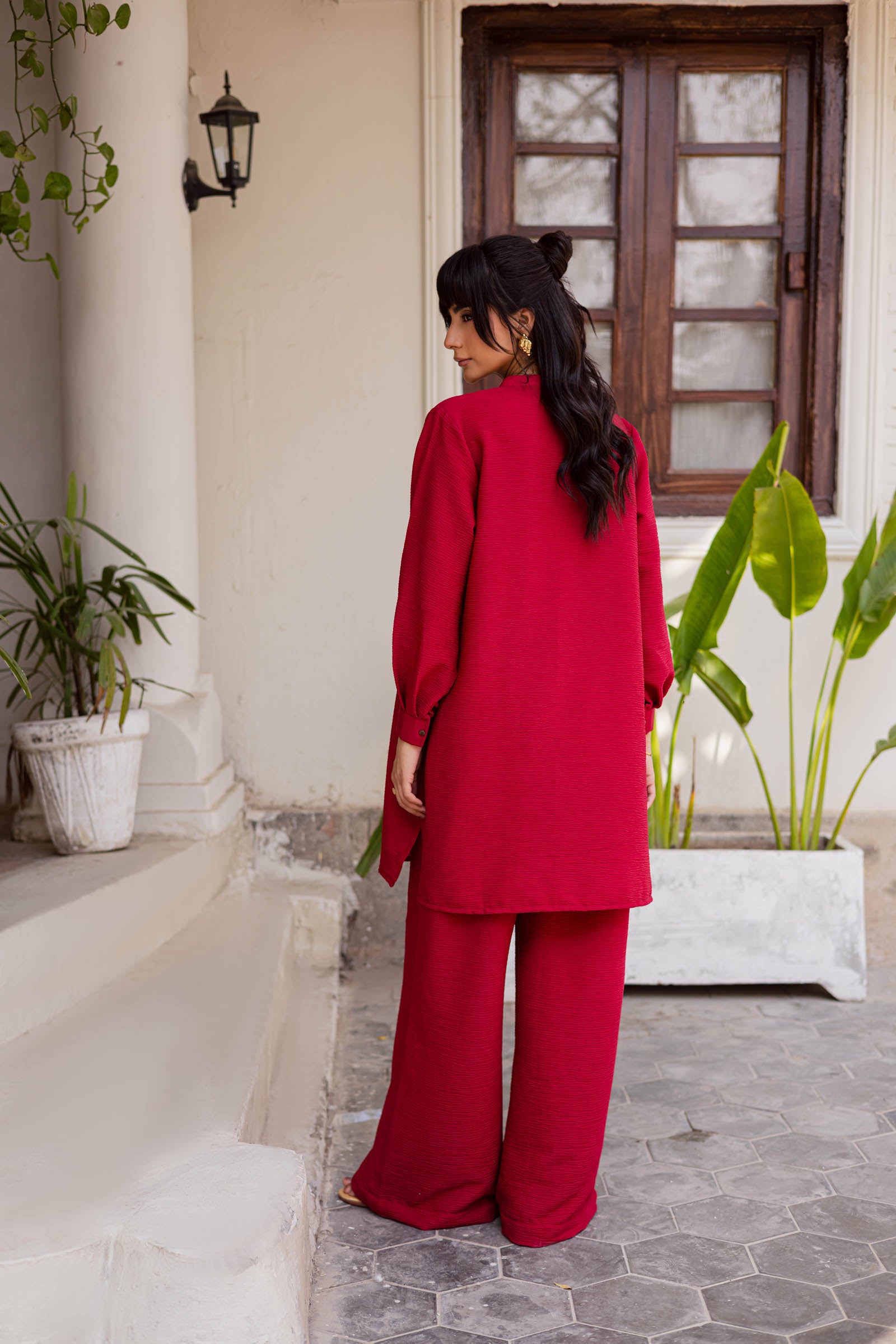 2PC Textured Dress-SP- Red