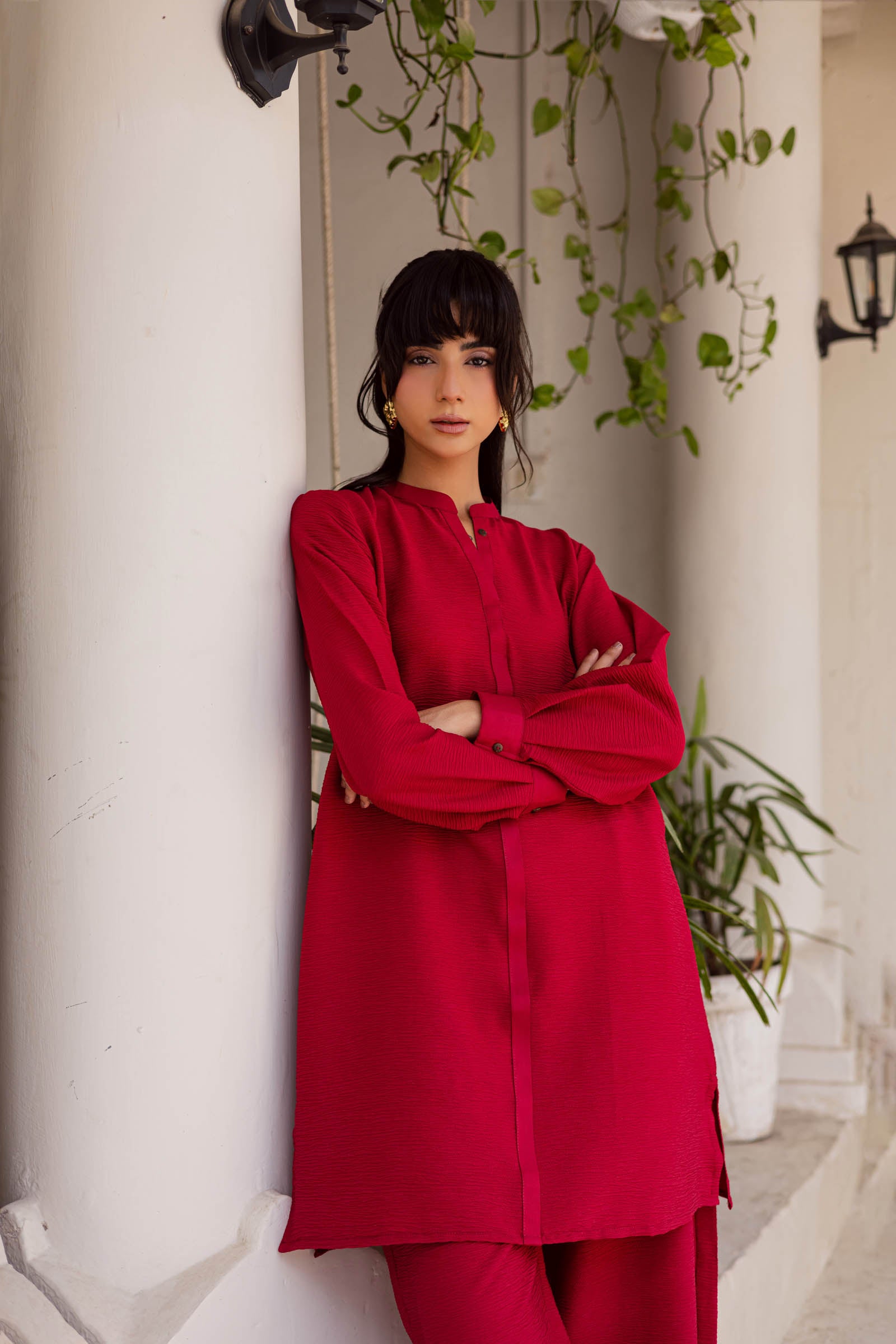 2PC Textured Dress-SP- Red