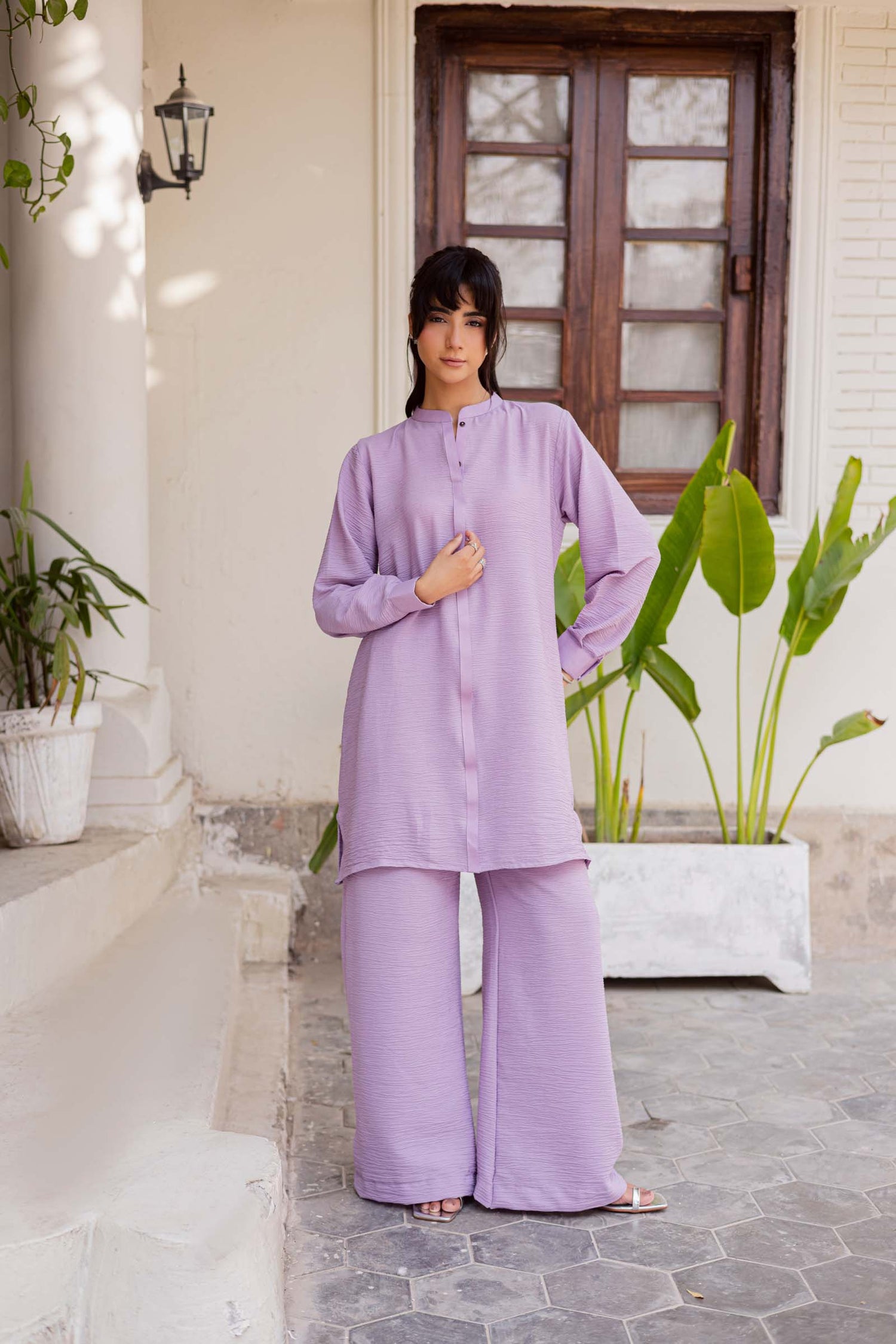 2PC Textured Dress-SP-Lilac